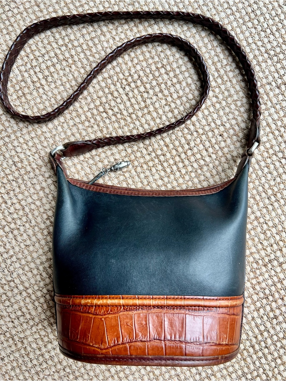 🐊Brighton Black Leather Cognac Croc Embossed Shoulder Bag Purse